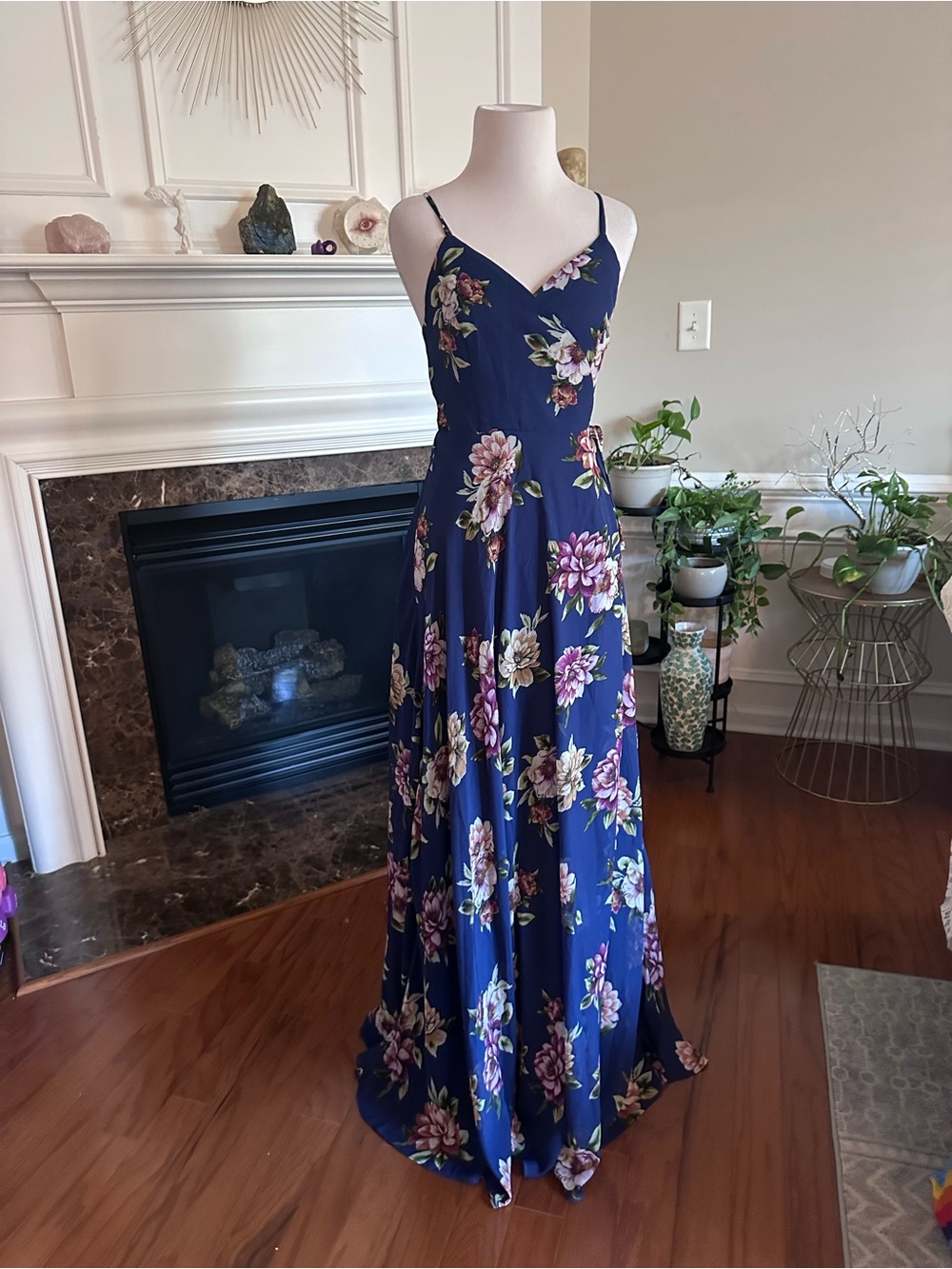 Lulu's Navy Floral Spaghetti-Strap Maxi Dress